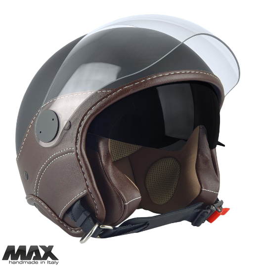Casca open face pentru scuter - motocicleta (demi-jet) Max Helmets model DJDV06 LS Vision SV (ochelari soare integrati) culoare: negru mat/maro (NOM) – 100% MADE IN ITALY XS (53/54cm)