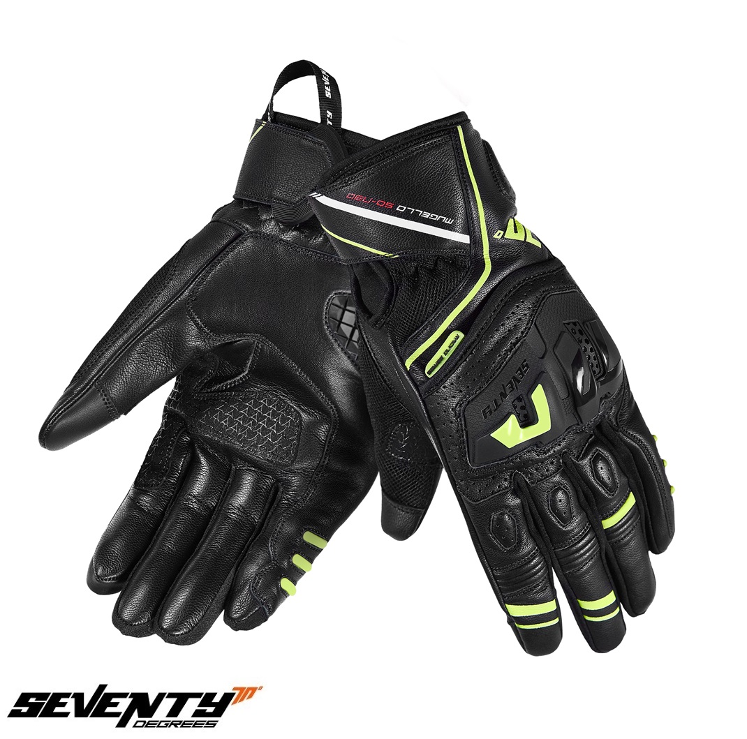 Manusi barbati pentru scuter - motocicleta Racing/Naked vara Seventy model SD-N30 Mugello culoare: negru/galben fluor – degete tactile S (7 cm)
