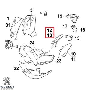 Carena laterala dreapta spate originala Peugeot Ludix 10 One - Snake - Ludix 12 Blaster - Ludix 14 Classic - Elegance 2T 50cc (rosu)