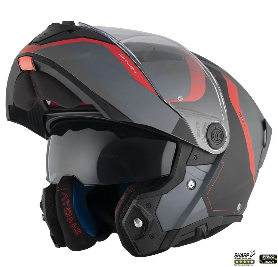 Casca modulabila pentru scuter - motocicleta MT Atom 2 SV Emalla B15 gri/rosu mat (ochelari soare integrati) Pinlock Ready – tip viziera: MT-V-35 XXL (63/64cm)