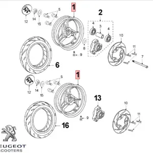 Janta roata fata/spate originala (12") Peugeot Elystar 50-150cc - Speedfight - Speedfight 2 - X-Race - X-Team 2T 50-100cc (argintie)