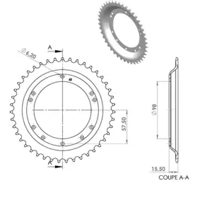 Pinion spate 43 dinti pas lant 415 moped Peugeot 103 Chrono - 103 MVL - 103 SP - 104 - Vogue VS2 - Vogue VSM 2T AC 50cc