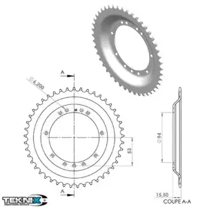Pinion spate 45 dinti pas lant 415 moped Peugeot 103 SP - MVL - Vogue LE - LN - S2 - S2A - SE - SX -SXA - VSX 2T AC 50cc