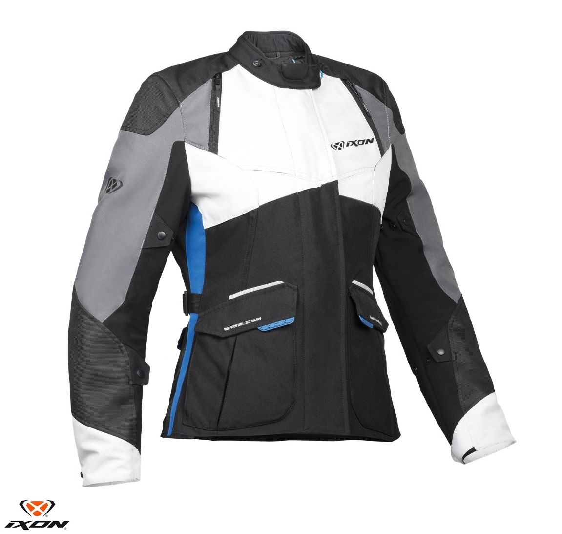 Geaca (jacheta) motociclete femei Touring/Adventure Ixon All season model Balder LS culoare: negru/gri/albastru XS