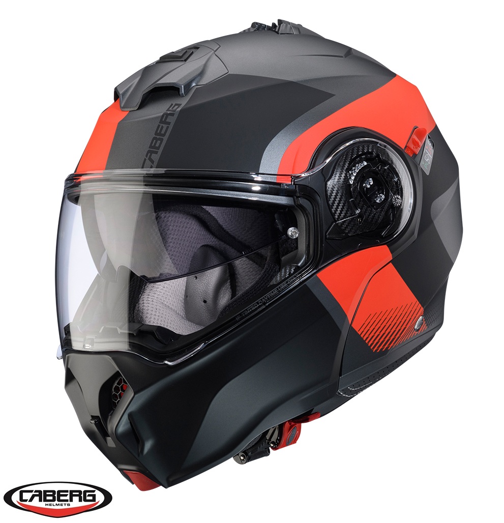 Casca modulabila (flip-up) Caberg model Duke Evo SV Indy L2 gun metal (titanium)/rosu fluor/negru mat Pinlock ready – lentila Pinlock inclusa XL (61/62cm)