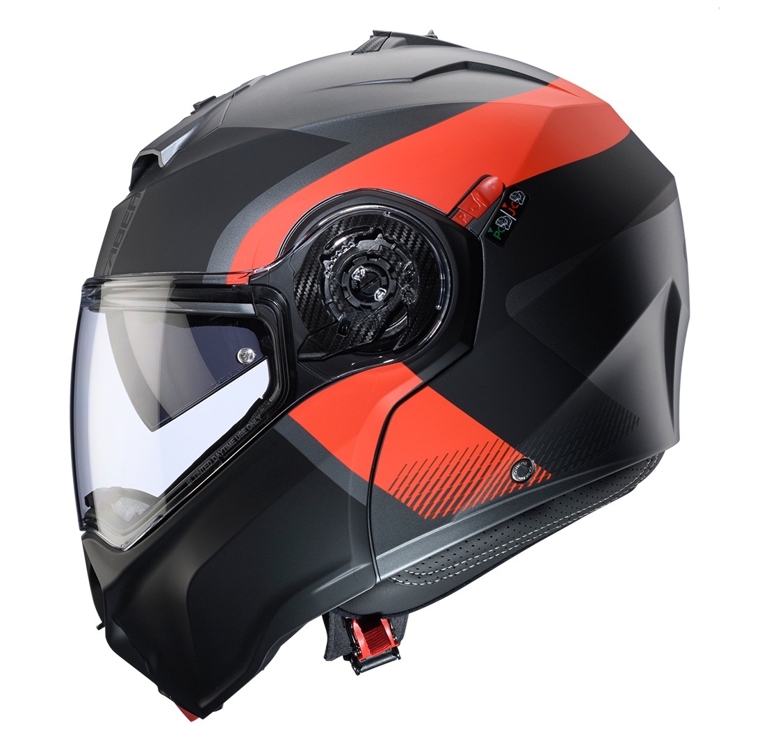 Casca modulabila (flip-up) Caberg model Duke Evo SV Indy L2 gun metal (titanium)/rosu fluor/negru mat Pinlock ready – lentila Pinlock inclusa M (57/58cm)