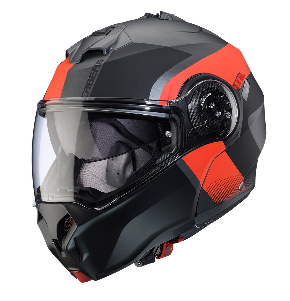 Casca modulabila (flip-up) Caberg model Duke Evo SV Indy L2 gun metal (titanium)/rosu fluor/negru mat Pinlock ready – lentila Pinlock inclusa M (57/58cm)