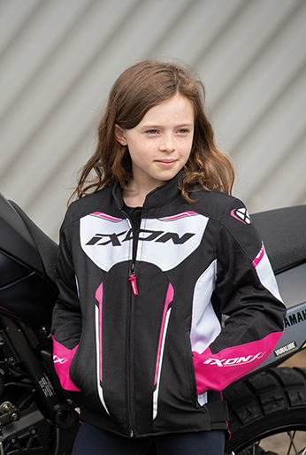 Geaca (jacheta) motociclete copii Racing/Roadster Ixon vara model Striker AIR KID culoare: negru/alb/fuchsia (roz), 12 ani