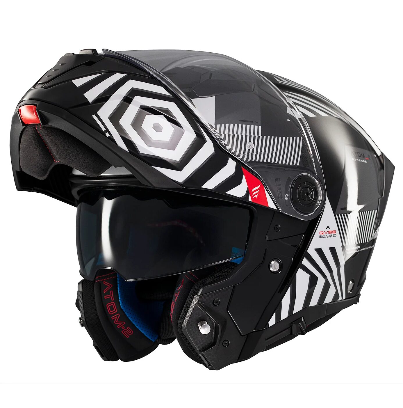 Casca modulabila MT Atom 2 SV Strange B2 negru/alb lucios (ochelari soare integrati) Pinlock Ready - tip viziera: MT-V-35, M (57/58cm)