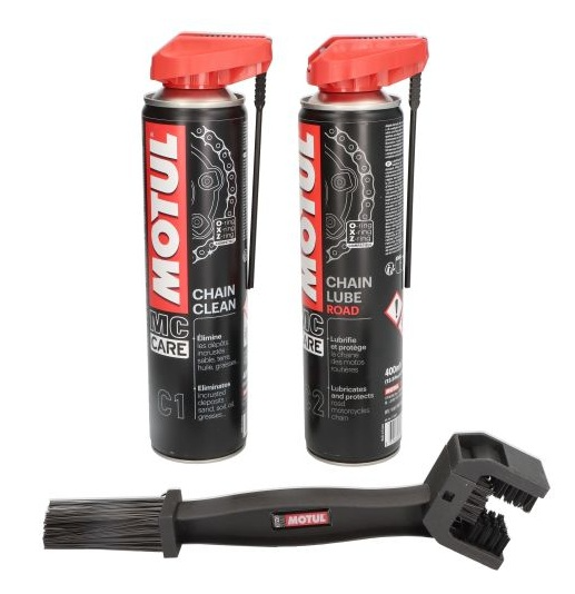 Set intretinere lant moto Motul Chain Kit (kitul contine: spray curatat lant 500ml + spray ungere lant 500 ml + perie lant)