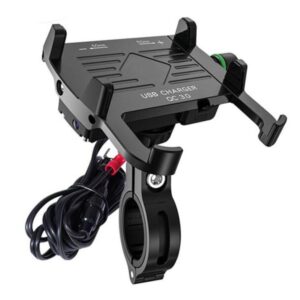 Suport pentru telefon mobil cu incarcator USB Quick Charge 3.0 R10-metal usb qc 3.0 4 RIDE (pe volan 22-32mm, culoare negru, Metal)