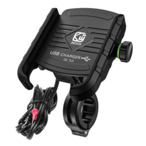 Suport pentru telefon mobil cu incarcator USB Quick Charge 3.0 R9-metal usb qc 3.0 4 RIDE (pe volan 20-30mm, culoare negru, Metal, asamblat la volan sau pe surubul oglinzii)