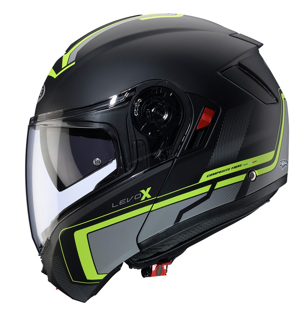 Casca modulabila (flip-up) Caberg model Levo X Elite L6 negru/gri/galben fluor mat Pinlock ready – lentila Pinlock inclusa (fibra de sticla) M (57/58cm)