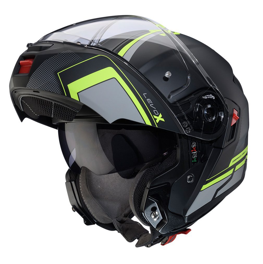 Casca modulabila (flip-up) Caberg model Levo X Elite L6 negru/gri/galben fluor mat Pinlock ready – lentila Pinlock inclusa (fibra de sticla) L (59/60cm)
