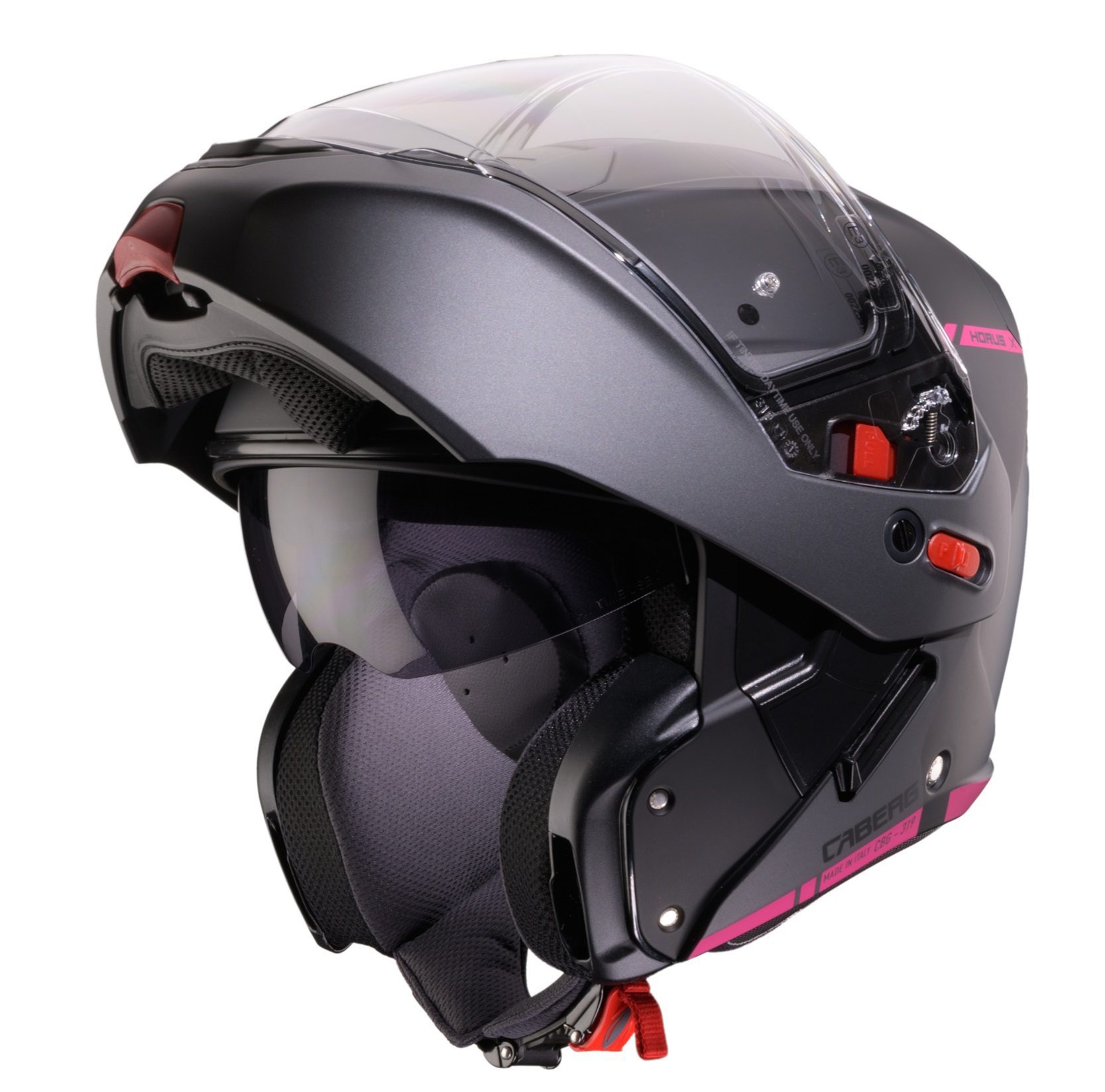 Casca modulabila (flip-up) Caberg model Horus X Ray L9 negru/gri/fuchsia (roz) mat Pinlock ready – lentila Pinlock inclusa XS (53/54cm)