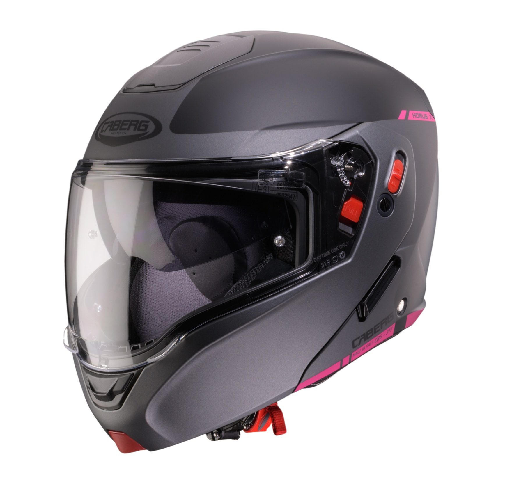 Casca modulabila (flip-up) Caberg model Horus X Ray L9 negru/gri/fuchsia (roz) mat Pinlock ready – lentila Pinlock inclusa XS (53/54cm)