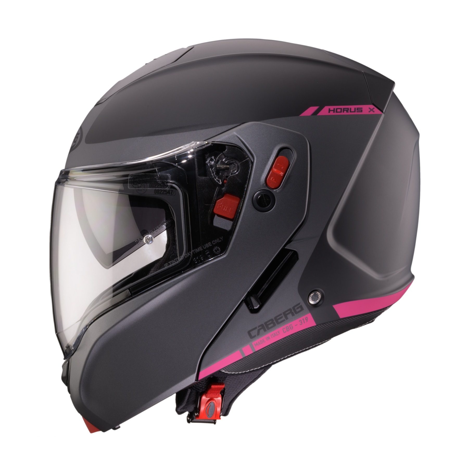 Casca modulabila (flip-up) Caberg model Horus X Ray L9 negru/gri/fuchsia (roz) mat Pinlock ready – lentila Pinlock inclusa XS (53/54cm)
