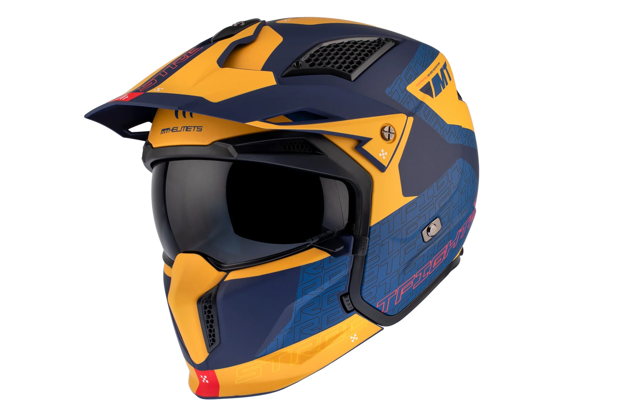 Casca MT Streetfighter SV S Totem C3 galben mat (ochelari soare integrati) – masca (protectie) barbie si cozoroc detasabile – omologare noua ECE 22.06 L (59/60cm)