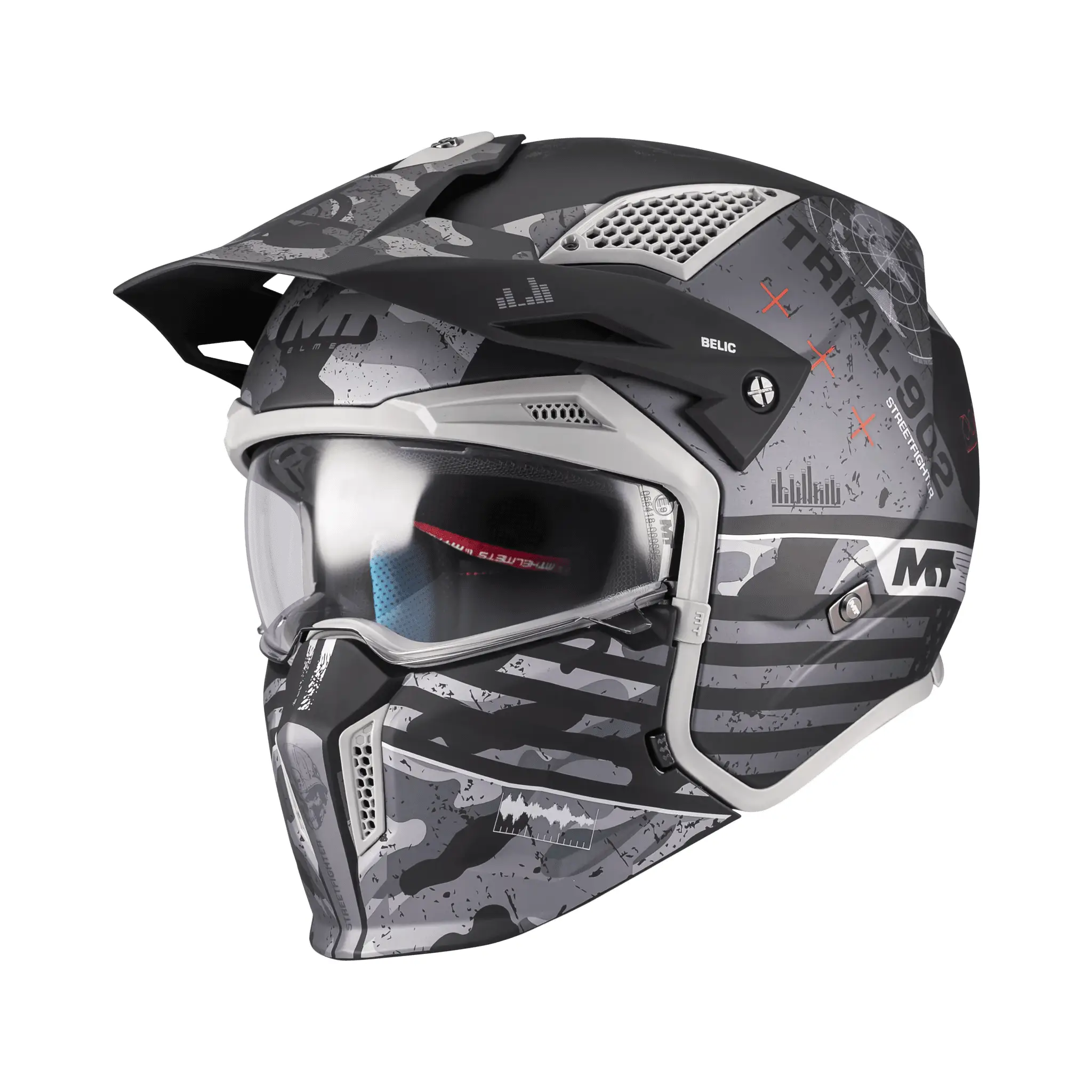 Casca MT Streetfighter SV S Belic B2 gri/negru mat (ochelari soare integrati) – masca (protectie) barbie si cozoroc detasabile – omologare noua ECE 22.06 S (55/56cm)