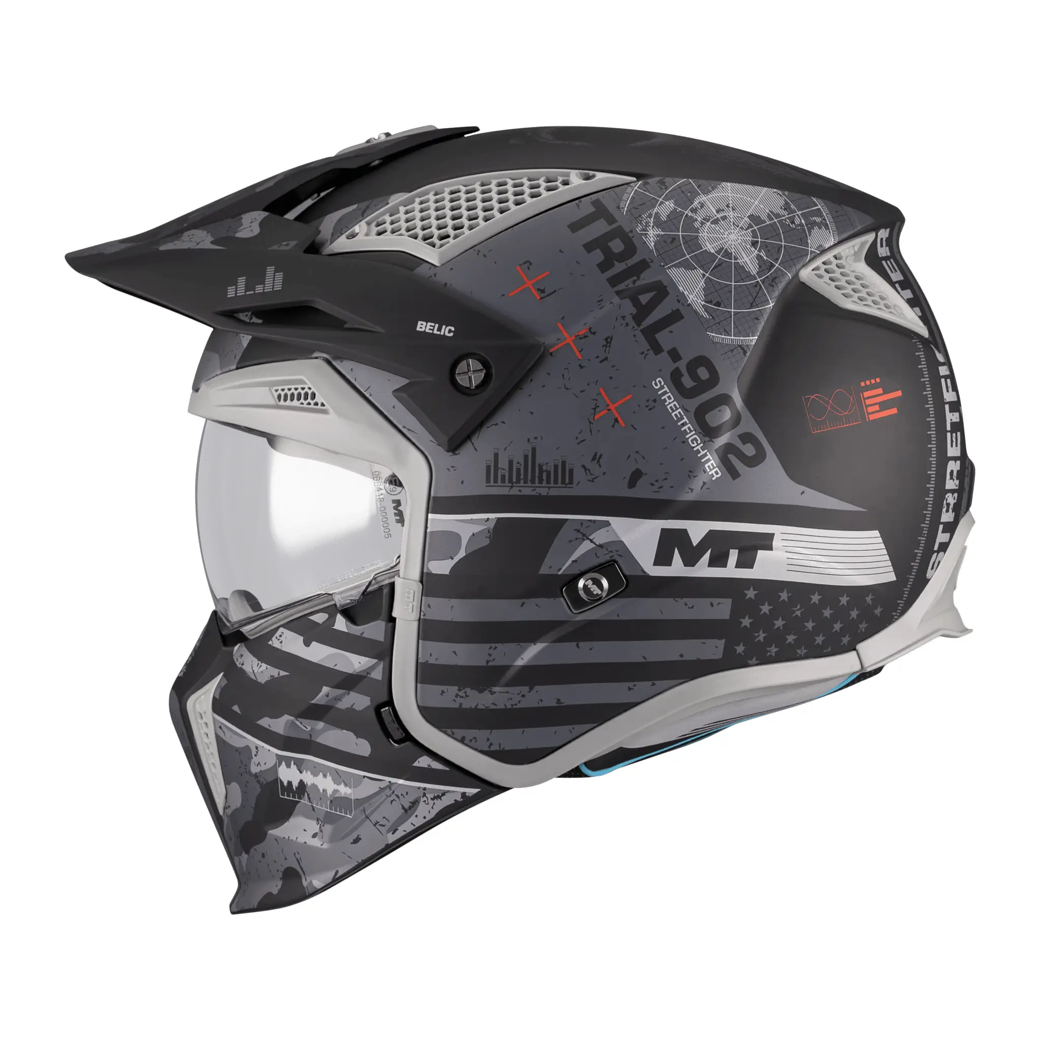 Casca MT Streetfighter SV S Belic B2 gri/negru mat (ochelari soare integrati) – masca (protectie) barbie si cozoroc detasabile – omologare noua ECE 22.06 S (55/56cm)