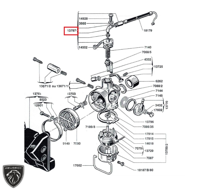 Ansamblu prindere cablu acceleratie pe carburator original moped Peugeot 103 - MVL - Vogue 2T AC 50cc (Gurtner GA12R247 - D12G)
